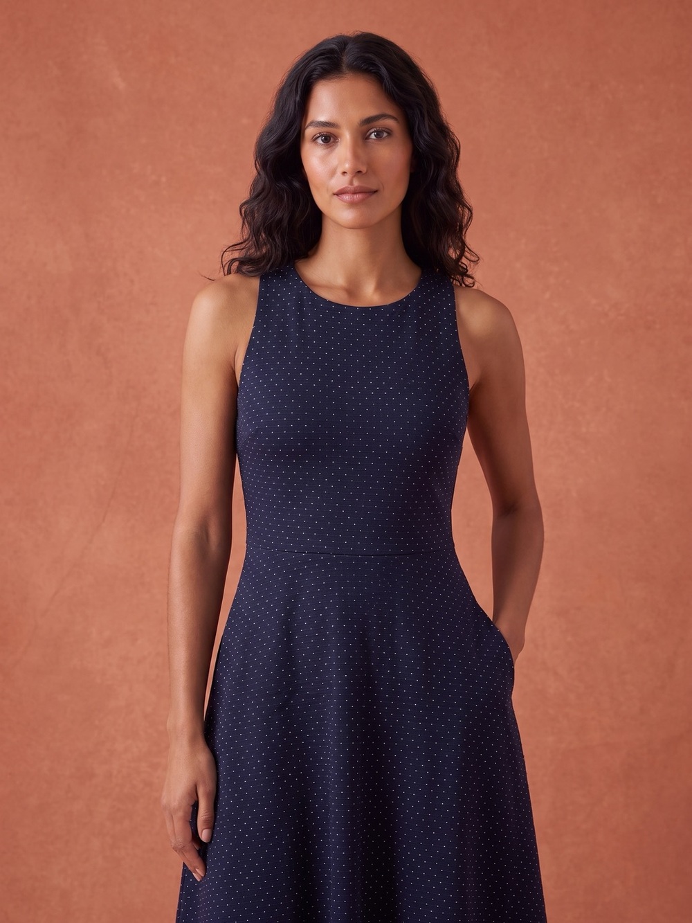 Banana Republic Petite Navy Micro-Dot Sleeveless Skater Dress w/ Pockets